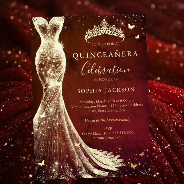 Invitation En Aluminium Élégant Papillon rouge Vintage Or Quinceanera (Créateur téléchargé)