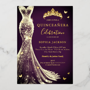 Invitation En Aluminium Élégant Papillon Violet Or Quinceanera