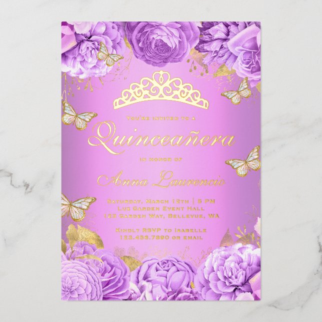 Invitation En Aluminium Élégant Papillons floraux pourpres Quinceanera (Recto)