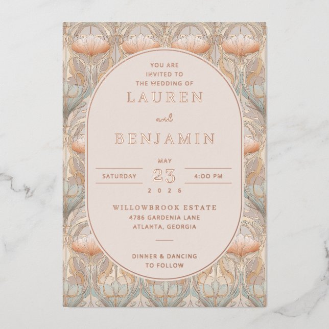Invitation En Aluminium Elegant Peach Floral Pattern (Recto)