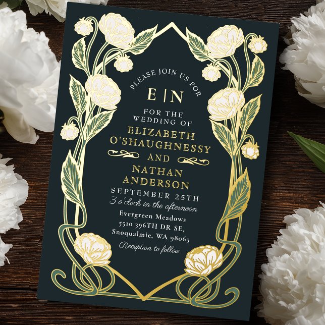 Invitation En Aluminium Elégant Peony blanc Art Nouveau Floral Mariage (Créateur téléchargé)