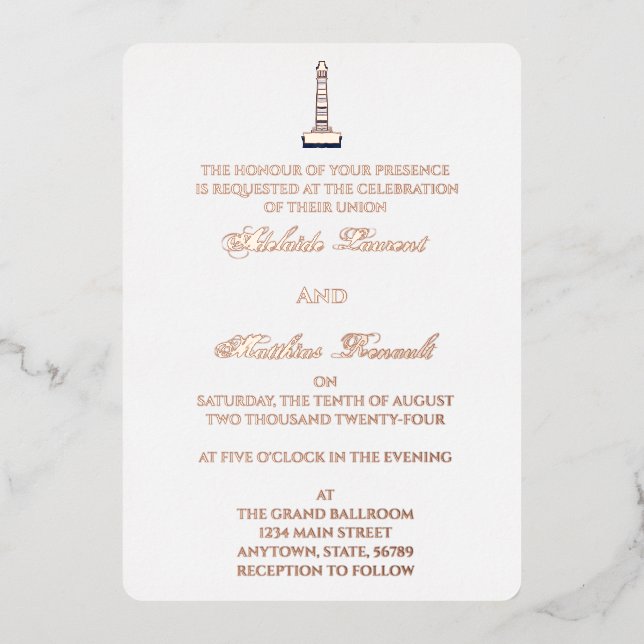 Invitation En Aluminium Elégant phare Mariage nautique - bleu marine, (Recto)