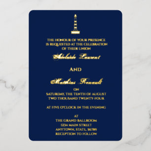 Invitation En Aluminium Elégant phare Mariage nautique - bleu marine,