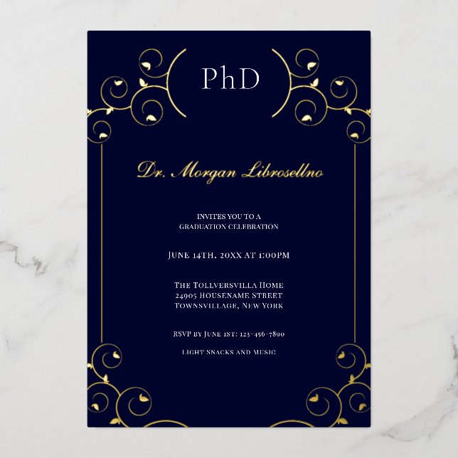 Invitation En Aluminium Élégant PhD Gold White Blue Graduation Party (Recto)