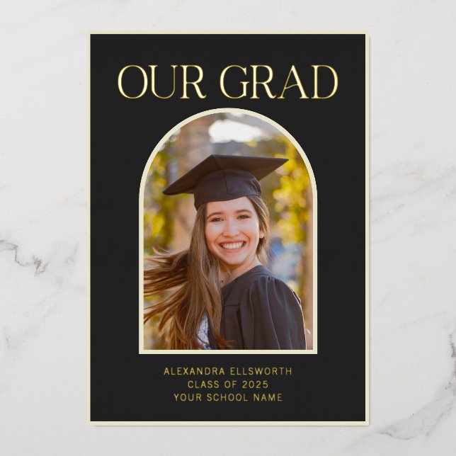 Invitation En Aluminium Elégant Photo Arch Graduation Black Gold Foil Card (Recto)