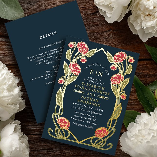 Invitation En Aluminium Elegant Pink Peony Art Nouveau Wedding All in One (Créateur téléchargé)