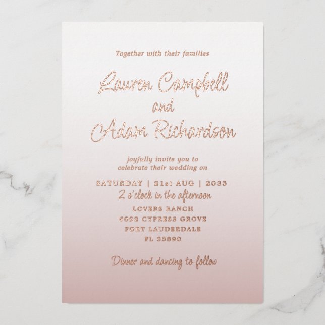 Invitation En Aluminium Élégant Pink & Rose Gold Calligraphy Mariage (Recto)
