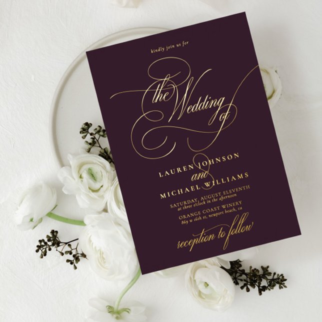 Invitation En Aluminium Élégant Plum or Moderne Calligraphie Mariage Foil (Créateur téléchargé)