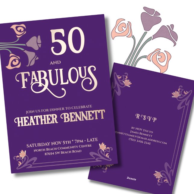 Invitation En Aluminium Elegant Purple Fabulous 50 Rose Foil Birthday  (Créateur téléchargé)