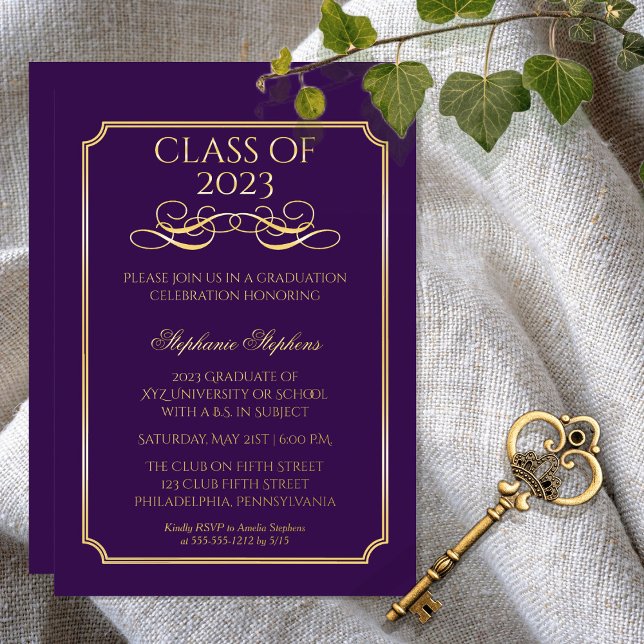Invitation En Aluminium Élégant Purple University Graduation Party Gold (Créateur téléchargé)