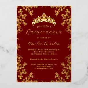 Invitation En Aluminium Élégant Quinceanera Floral Rouge Or Vintage