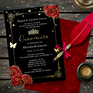 Invitation En Aluminium Élégant Quinceanera Noir Rose Rouge Or Véritable