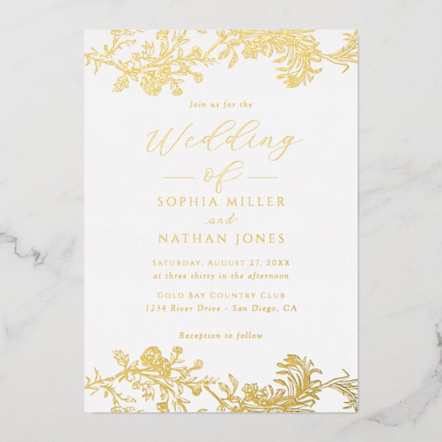 Invitation En Aluminium Élégant Real Gold Foil Floral Lace Script Mariage (Recto)