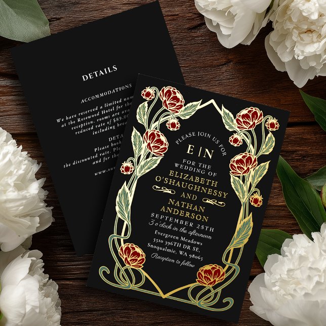Invitation En Aluminium Elegant Red Peony Art Nouveau Wedding All in One (Créateur téléchargé)