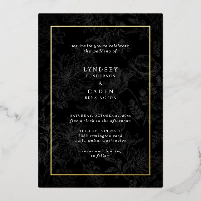 Invitation En Aluminium Élégant Romantique Floral Black Mariage Gold (Recto)