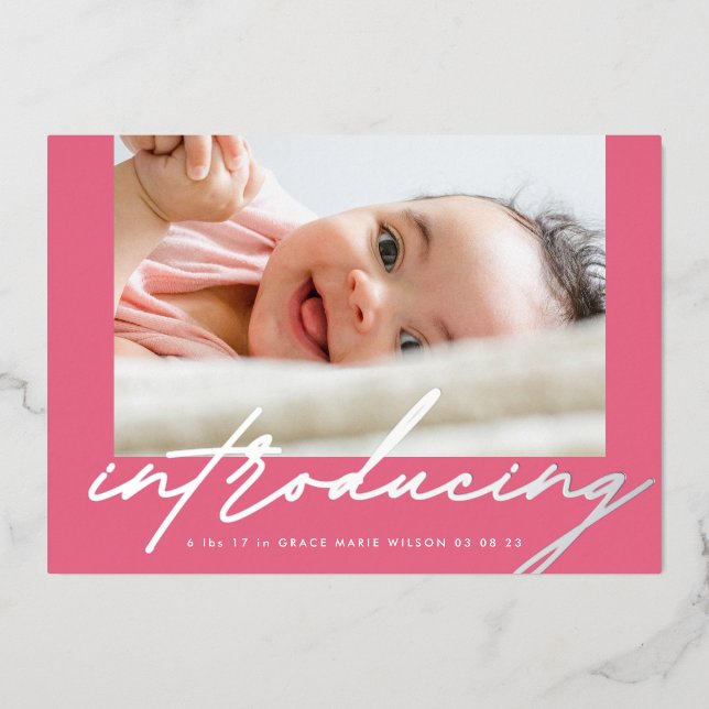 Invitation En Aluminium Élégant rose Argent Introduire Photo Baby (Devant)