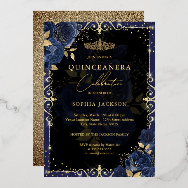 Invitation En Aluminium Elégant Rose bleu or Quinceanera (Recto/Verso)