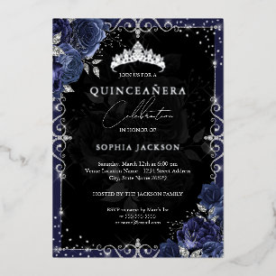 Invitation En Aluminium Elégant Rose d'argent de la Marine Quinceanera