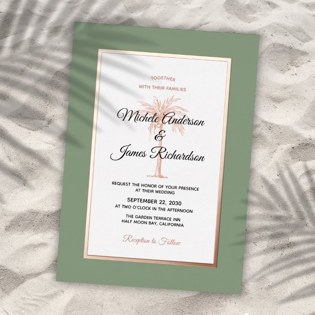 Invitation En Aluminium Elégant Rose de Sage Gold Palm Tree Mariage Tropic (Elegant Sage Rose Gold Palm Tree Tropical Wedding Foil Invitation)