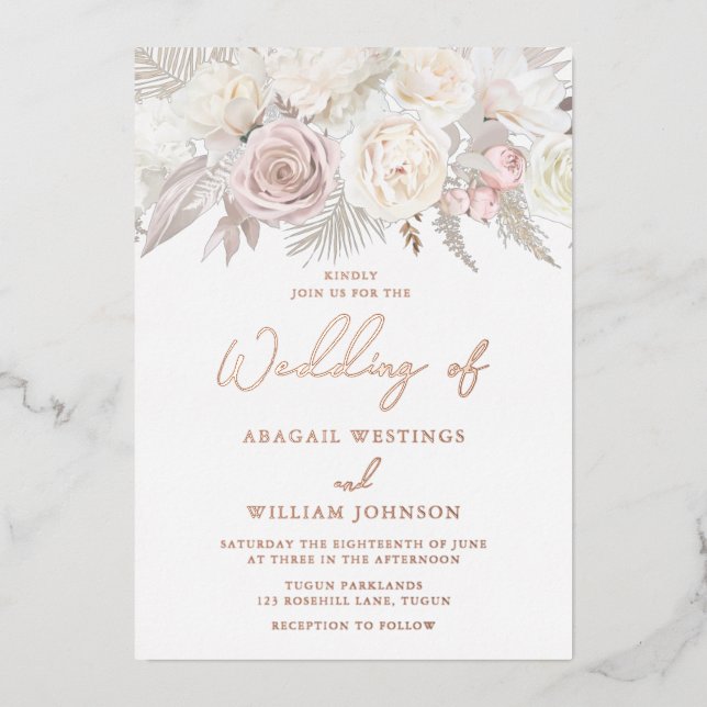 Invitation En Aluminium Elégant Rose Dusty or blanc ivoire Mariage floral  (Recto)