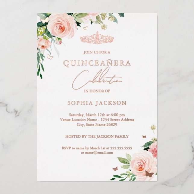 Invitation En Aluminium Elégant Rose Floral Gold Photo Quinceanera (Recto)