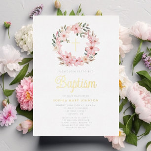 Invitation En Aluminium Élégant rose Floral Wreath Girl Baptism