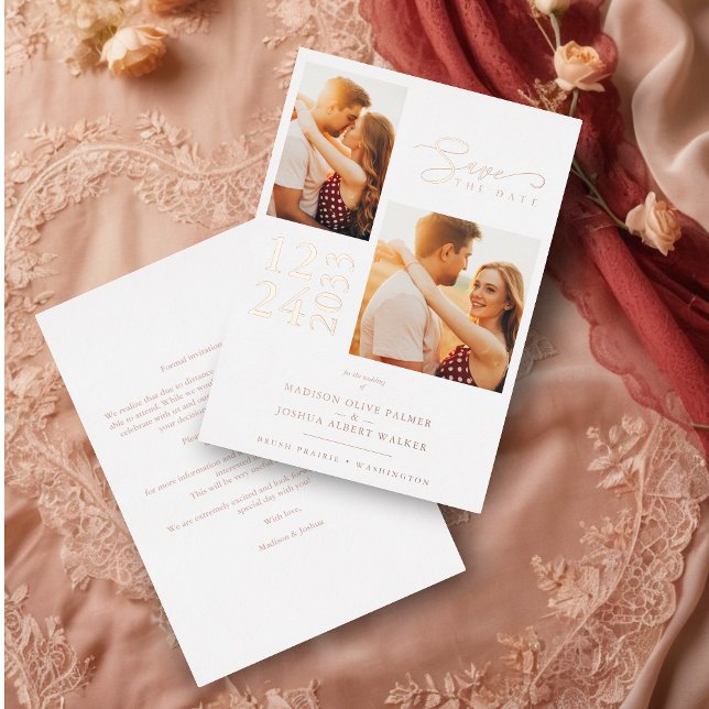 Invitation En Aluminium Elégant Rose Gold Effet 2 Photos Chic Mariage (Elegant Rose Gold Effect 2 Photos Sophisticated Wedding Real Metallic Foil Save the date card.)