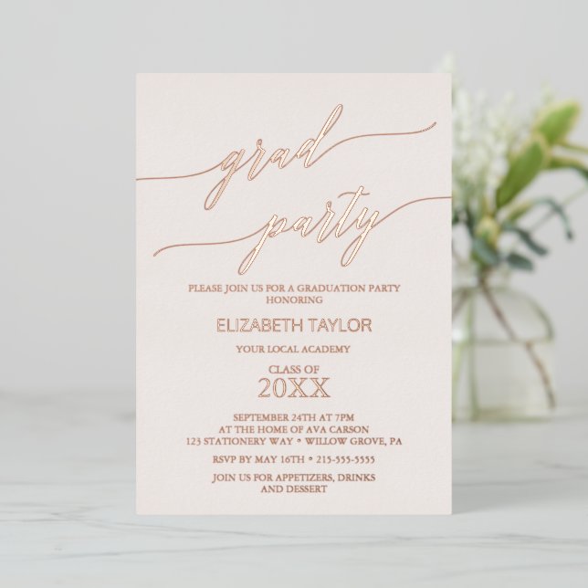 Invitation En Aluminium Élégant Rose Gold Foil | Blush Graduation Party (Debout devant)