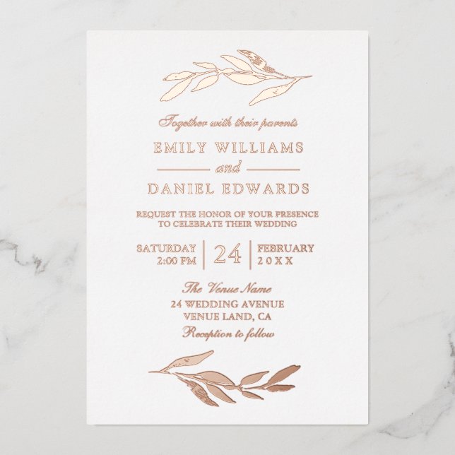 Invitation En Aluminium Élégant Rose Gold Foil Feuille moderne Mariage (Recto)