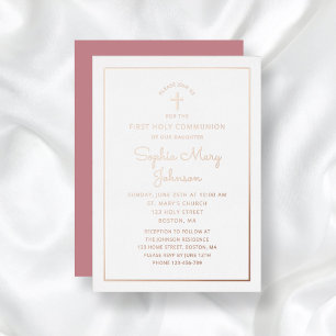 Invitation En Aluminium Élégant Rose Gold Foil Script Pink First Communion