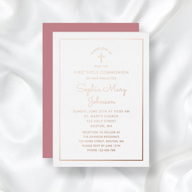 Invitation En Aluminium Élégant Rose Gold Foil Script Pink First Communion (Elegant Rose Gold Foil Script Pink First Communion Foil Invitation)