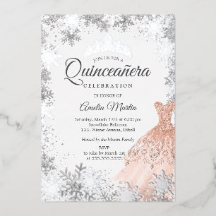 Invitation En Aluminium Élégant Rose Gold Hiver Flocon de neige Quinceaner