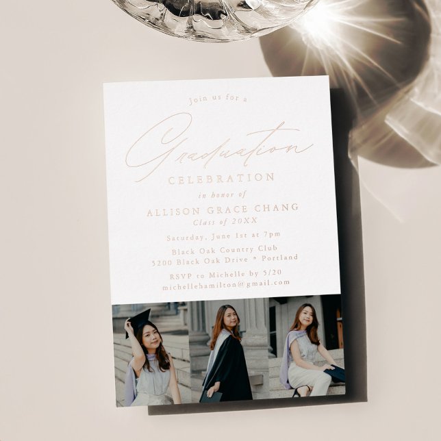 Invitation En Aluminium Élégant Rose Gold Script 3 Photo Graduation Party (Créateur téléchargé)