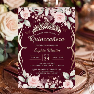 Invitation En Aluminium Elégant Rose Pâle Bourgogne Or Rose Quinceanera