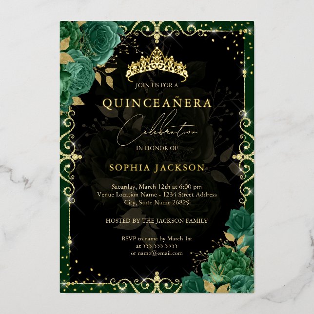Invitation En Aluminium Élégant Rose Royal Emerald Gold Quinceanera (Recto)
