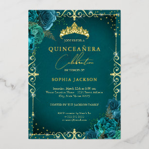 Invitation En Aluminium Élégant Rose Turquoise royal Quinceanera
