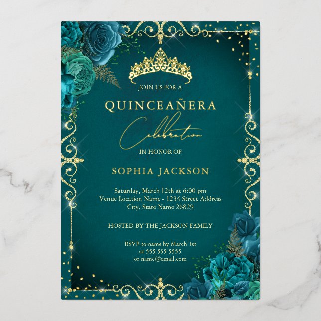 Invitation En Aluminium Élégant Rose Turquoise royal Quinceanera (Recto)