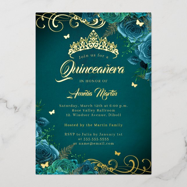 Invitation En Aluminium Elégant Rose Turquoise Swirl Gold Quinceanera (Recto)