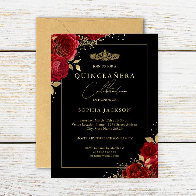 Invitation En Aluminium Elégant Rouge or Floral Tiara Quinceanera (Créateur téléchargé)