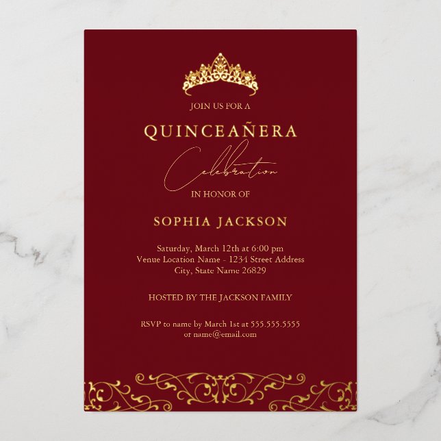 Invitation En Aluminium Elégant Rouge or Tiara Script Quinceanera (Recto)