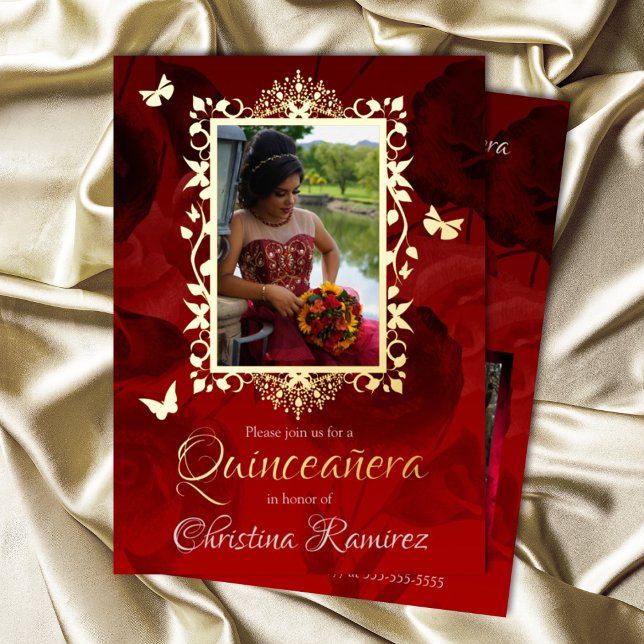 Invitation En Aluminium Élégant Rouge, Papillons Dorés Quinceanera (Elegant red and gold quinceanera invitations, gold foil butterfly fancy photo frame)