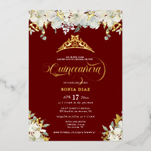 Invitation En Aluminium Elégant Rouge Quinceañera Or Floral