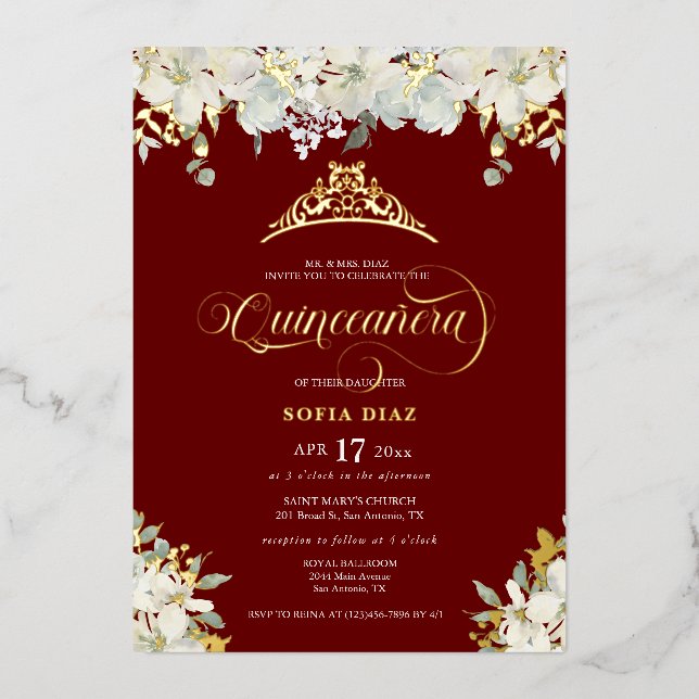 Invitation En Aluminium Elégant Rouge Quinceañera Or Floral (Recto)