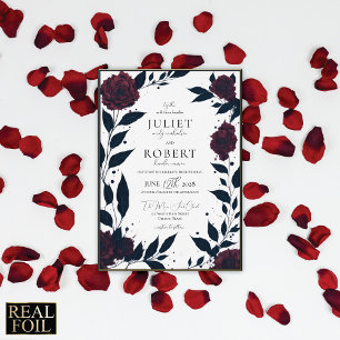 Invitation En Aluminium Elégant Rouge Rose Noir Leaf Mariage Or