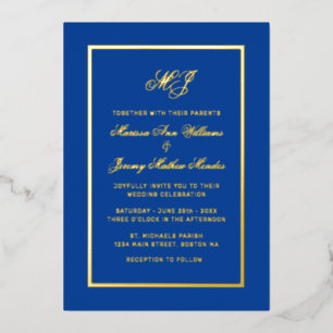 Invitation En Aluminium Élégant Royal Blue Gold Calligraphy Script Mariage