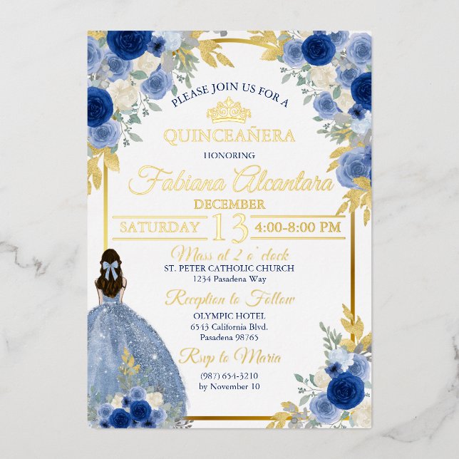 Invitation En Aluminium Elegant Royal Blue & Gold Rose Quinceañera (Recto)
