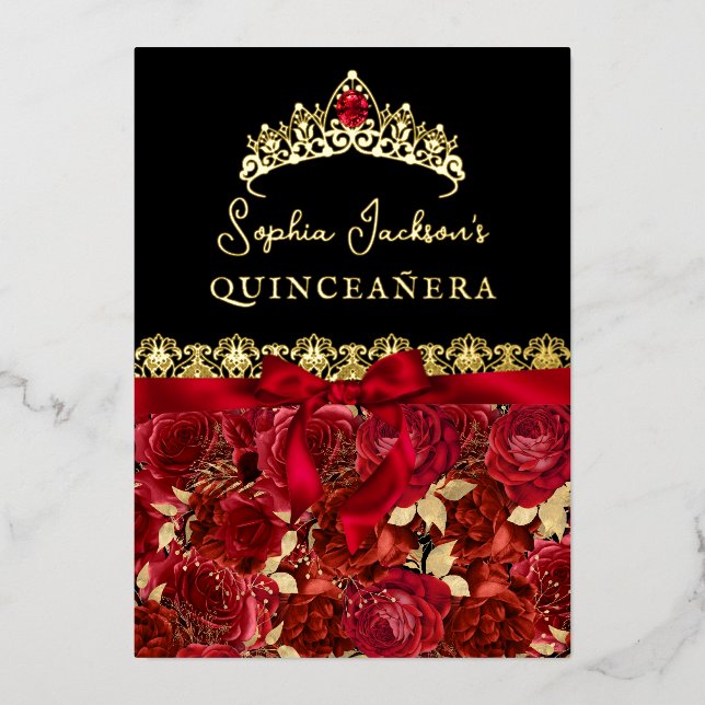Invitation En Aluminium Elégant Ruby Red Gold Rose Quinceanera (Recto)