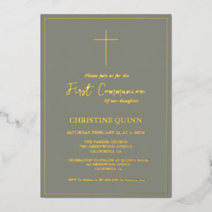 Invitation En Aluminium Élégant Sage Vert et Or Première Sainte Communion