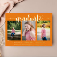 Élégant Script 3 Photo Orange Graduation Gold Foil