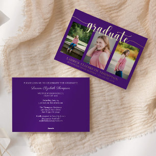 Invitation En Aluminium Élégant Script 3 Photo Violet Diplôme Or